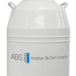 A white metal liquid nitrogen tank with two side handles and a black cap. The tank is labeled ABS American BioTech Supply with a blue logo on the front. The background is plain white.