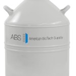A large white cryogenic storage tank with two side handles and a black lid. The tank is labeled ABS American BioTech Supply with a blue and gray logo on the front. The background is plain white.