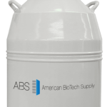 A white liquid nitrogen storage tank with a black lid and two side handles. The container displays the ABS logo and the text “American BioTech Supply” printed on its side.