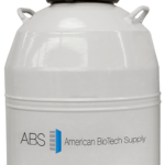 A white, cylindrical Sample Storage container with a black lid and two side handles. The tank displays the ABS American BioTech Supply logo and a blue and gray icon on its side. The background is plain white.