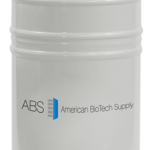 A white, cylindrical liquid nitrogen storage tank with a black lid and metal handles. The tank is labeled ABS American BioTech Supply in blue and black text on the side. The background is plain and light-colored.