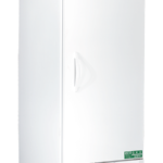 A tall, white upright lab refrigerator from American BioTech Supply with a digital display panel on top, a single door with a curved handle, and vents at the bottom. It features small wheels for mobility and a green eco-friendly label near the base.