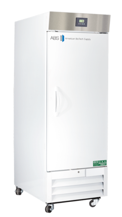 A tall, white upright lab refrigerator from American BioTech Supply with a digital display panel on top, a single door with a curved handle, and vents at the bottom. It features small wheels for mobility and a green eco-friendly label near the base.