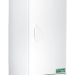 A tall, white laboratory refrigerator with a digital display at the top, labeled “ABS American Biotech Supply.” It has a single door with a curved handle, vented base, and is mounted on four wheels. A green “eco” sticker is visible near the bottom.
