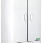 A large, white, double-door commercial refrigerator with a digital control panel on top, labeled American BioTech Supply. It stands on wheels, has two vertical handles, and a vented panel near the base. The Eco-friendly label is visible on the bottom right.