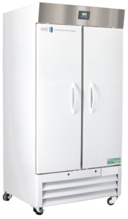 A large, white, double-door commercial refrigerator with a digital control panel on top, labeled American BioTech Supply. It stands on wheels, has two vertical handles, and a vented panel near the base. The Eco-friendly label is visible on the bottom right.