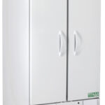 A large, white, double-door laboratory refrigerator with a digital temperature display, stainless steel accents, and handles. It stands on four caster wheels, features vents at the bottom, and is branded ABS American BioTech Supply.
