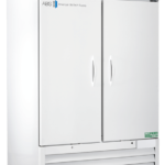 A large, white, double-door commercial refrigerator with the brand American BioTech Supply on the left door, a digital temperature display on the top panel, vented bottom, and wheels for mobility. The temperature display reads 4.0°C.