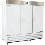 A large, three-door commercial refrigerator with a stainless steel top panel, white doors, digital display, and handles. The unit is on wheels and labeled “ABS American BioTech Supply” in the top left corner. Vents are visible at the bottom.