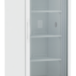 A tall, white laboratory refrigerator with a glass door, labeled ABS American BioTech Supply at the top. The fridge has three empty wire shelves, interior lighting, and sits on four caster wheels. Temperature controls and vents are at the bottom front.