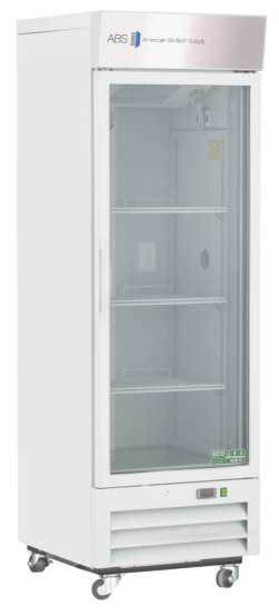 A tall, white laboratory refrigerator with a glass door, labeled ABS American BioTech Supply at the top. The fridge has three empty wire shelves, interior lighting, and sits on four caster wheels. Temperature controls and vents are at the bottom front.
