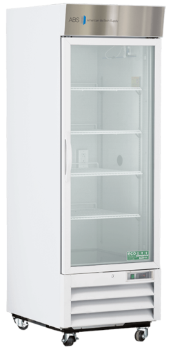 A tall, white commercial refrigerator with a glass door, three interior shelves, and a silver top labeled “ABS American Biotech Supply.” The fridge stands on four caster wheels and is empty. The front has ventilation grilles at the bottom.