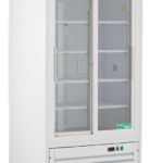 A tall, white, commercial refrigerator with glass double doors, metal shelves inside, and a stainless steel top panel labeled “American Biotech Supply.” The unit has vents at the bottom, control buttons, and is mounted on caster wheels.