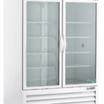 A large, white commercial refrigerator with two clear glass sliding doors, silver handles, and multiple adjustable shelves inside. The unit stands on small wheels and features ventilation grilles at the bottom. The logo ABS is visible on the upper left corner.