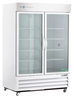 A large, white commercial refrigerator with two clear glass sliding doors, silver handles, and multiple adjustable shelves inside. The unit stands on small wheels and features ventilation grilles at the bottom. The logo ABS is visible on the upper left corner.