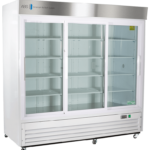 A large, commercial glass-door refrigerator with three sliding doors, empty metal shelves inside, and a white and stainless-steel exterior. The unit has a vented panel at the bottom and small wheels for mobility. Brand logo ABS is visible on the top left.