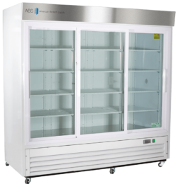 A large, commercial glass-door refrigerator with three sliding doors, empty metal shelves inside, and a white and stainless-steel exterior. The unit has a vented panel at the bottom and small wheels for mobility. Brand logo ABS is visible on the top left.