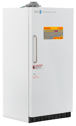 A tall, white, upright freezer labeled ABS American BioTech Supply with a silver handle on the left side. Warning and caution stickers, including “Keep Fire Away,” are displayed on the upper section of the door. Vents are located at the base.