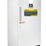 A tall, white TempLog Premier Flammable Storage Freezer features a vertical handle on the left, a digital temperature display on top, and multiple warning labels such as “Flammable Material Storage” and “Keep Fire Away.” The closed unit stands alone.