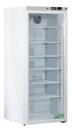 ABT-HC-10PG glass door lab refrigerator by American Biotech Supply, designed for safe and visible storage of temperature-sensitive medications.