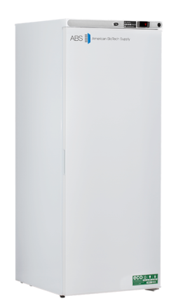 A tall, white laboratory freezer with a digital control panel on top. The door displays the ABS American BioTech Supply logo and an eco sticker near the bottom. The freezer stands on small legs and has a plain, clean exterior.