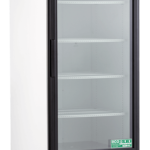 A tall, white laboratory refrigerator on wheels with a glass front door, black trim, digital display reading 4.0°C, and four adjustable interior shelves. The brand ABS is visible at the top left.