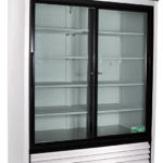 A large, upright commercial refrigerator with a digital temperature display, glass sliding doors, and multiple adjustable metal shelves inside. The unit is on wheels and labeled “American Biotech Supply.” The temperature display reads 4.0°C.