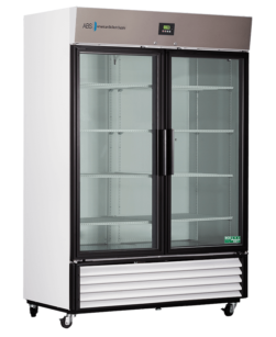 A commercial glass-door refrigerator with a digital display on top, black frame, metal handles, and multiple adjustable shelves inside. The unit has a white body, ventilation grate at the bottom, and is set on four caster wheels.