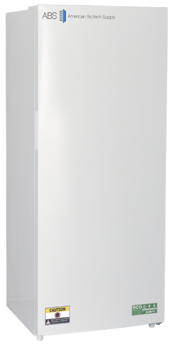A tall, white, upright freezer with a solid door. The top left displays the ABS American BioTech Supply logo. There are caution and eco-friendly stickers near the bottom. The freezer has a plain design and a handle on the left edge.