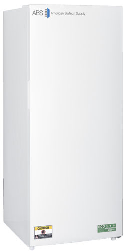 A tall, white laboratory freezer with a solid door. The door has a logo reading American BioTech Supply at the top and caution and eco-friendly stickers at the bottom. The freezer has a sleek, plain design with no visible handle or external controls.