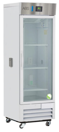 A tall, white laboratory refrigerator with a glass door, three shelves, a digital control panel on top, and ABS branding. The unit stands on four caster wheels, and the lower front has ventilation slats. The interior is empty, except for a small box on the bottom shelf.