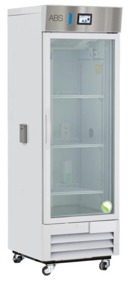 A tall, white medical refrigerator with a glass door, digital temperature display showing 4.0°C, lock on the side, and three interior shelves. The unit stands on four wheels and has ABS branding on the stainless steel top panel.