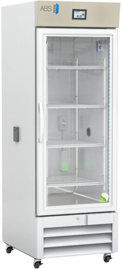 A tall, white laboratory refrigerator with a transparent glass door, digital temperature display showing 4.0°C, and four adjustable interior shelves, some holding bottles. The fridge stands on wheels and has ventilation grilles at the bottom.