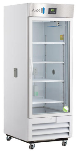 A tall, white commercial refrigerator with a glass door, metal frame, and four adjustable shelves. The digital display and logo ABS are visible on the top front panel. The fridge stands on four wheels and appears empty inside.