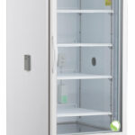 A tall, white laboratory refrigerator with a transparent front door, four adjustable shelves, a digital temperature display, and ventilation grilles at the base. The unit is on caster wheels and has the label ABS on the top panel.