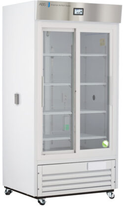 A tall, white medical refrigerator with a glass double door, metal handle, and digital temperature display reading 4.0°C. The interior has several adjustable shelves, and the unit is mounted on wheels for mobility. The front has ventilation grilles at the bottom.