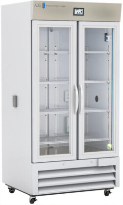 A tall, white, double-door laboratory refrigerator with glass doors, interior shelves, and a digital display showing 4.0°C. The unit is on wheels, labeled American Biotech Supply, and is mostly empty except for a few items on the shelves.