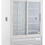 A large, white, commercial refrigerator with glass sliding doors, empty adjustable shelves, a digital temperature display on the top stainless steel panel, and caster wheels for mobility. The brand ABS American Biotech Supply is visible on the upper left.
