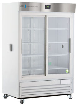 A large, white, commercial refrigerator with glass sliding doors, empty adjustable shelves, a digital temperature display on the top stainless steel panel, and caster wheels for mobility. The brand ABS American Biotech Supply is visible on the upper left.