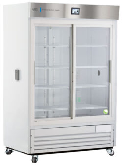 A large, white, commercial refrigerator with two clear sliding glass doors, multiple interior shelves, a digital temperature display showing 4.0°C on the top front panel, and wheels at the base for mobility.