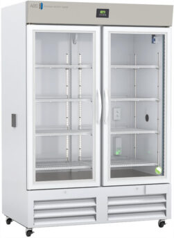 A large, upright, white laboratory refrigerator with two glass doors, metal handles, and multiple adjustable wire shelves inside. A digital temperature display is on the top panel; the bottom front features ventilation grilles. The interior appears empty.