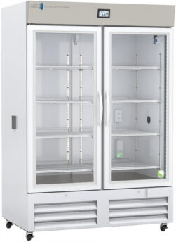 A large, white, double-door laboratory refrigerator with glass doors is shown. The interior has several adjustable metal shelves. A digital temperature display is on the top trim. The lower section has vented panels, and the inside is empty.