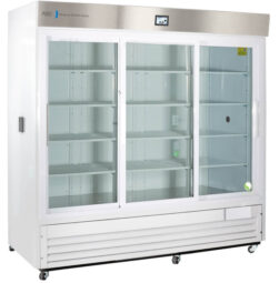 A large, commercial glass-door refrigerator with three sliding doors, stainless steel trim on top, shelves inside, digital temperature display reading 4.0°C, and a few items on the shelves. The unit is white with ventilation at the bottom.
