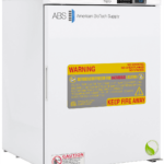 A white laboratory freezer by American BioTech Supply with a digital display showing -20°C. Large yellow and red warning label on the door reads Keep Fire Away. Additional caution label is on the lower left corner.