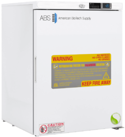 A white laboratory freezer by American BioTech Supply with a digital display showing -20°C. Large yellow and red warning label on the door reads Keep Fire Away. Additional caution label is on the lower left corner.