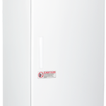 A tall, white, upright laboratory freezer by American BioTech Supply ABS with a handle on the left, digital display on top, warning and caution labels, and ECO logo near the bottom right corner. The front is plain with several safety notices.