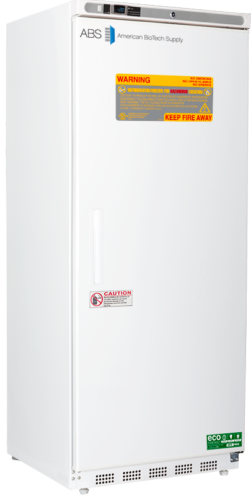 A tall, white, upright laboratory freezer by American BioTech Supply ABS with a handle on the left, digital display on top, warning and caution labels, and ECO logo near the bottom right corner. The front is plain with several safety notices.