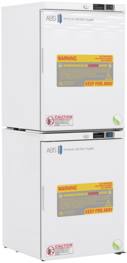 Two stacked, white laboratory refrigerators labeled American BioTech Supply. Each unit displays warning labels about hazardous contents and fire risk, with digital temperature displays and caution signs, emphasizing safety and specialized use.