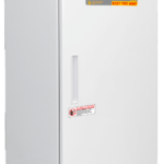 A tall, white laboratory freezer by American BioTech Supply with a solid front door, warning labels, and a rectangular handle. The top label is orange with safety instructions, and a small caution label appears below the handle. Vents are at the bottom.
