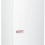 A tall, white laboratory freezer by American BioTech Supply designed as a hazardous location refrigerator, featuring warning and caution labels, a digital display at the top, a vent at the bottom, and an ECO energy sticker on the lower right corner.